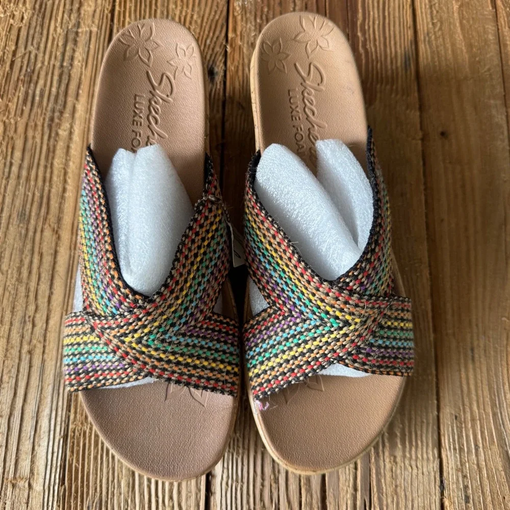 Skechers Luxe Foam Wedge Sandals Womens 9 Multi Color Woven Cork Slide 38554 MLT